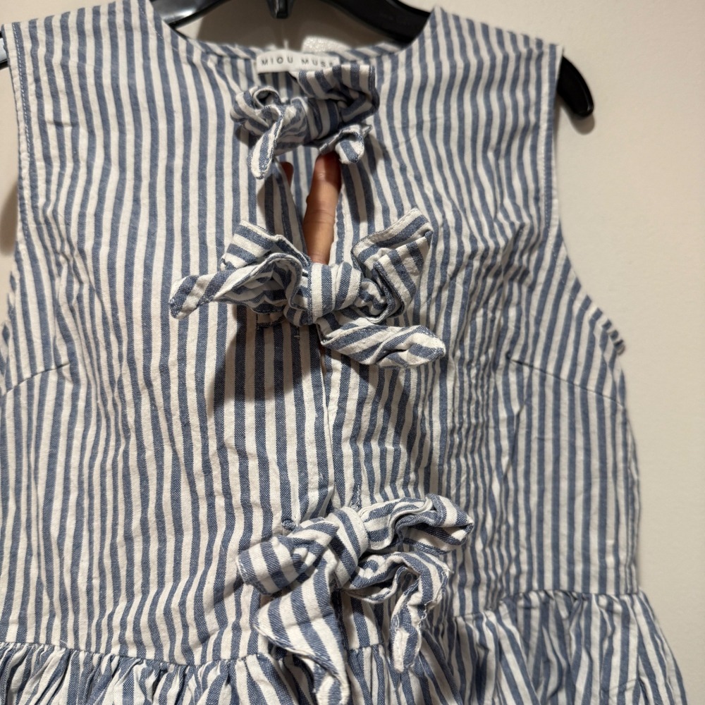 Miou Muse Tessa Stripe Bow Tie Dress Blue White Sleeveless Midi Small Coastal - Picture 12 of 13